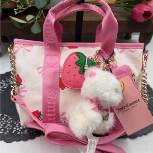 VIRAL Juicy Couture Strawberry Mini Tote Viral Pink Bow Bag w/ Charm & Wallet